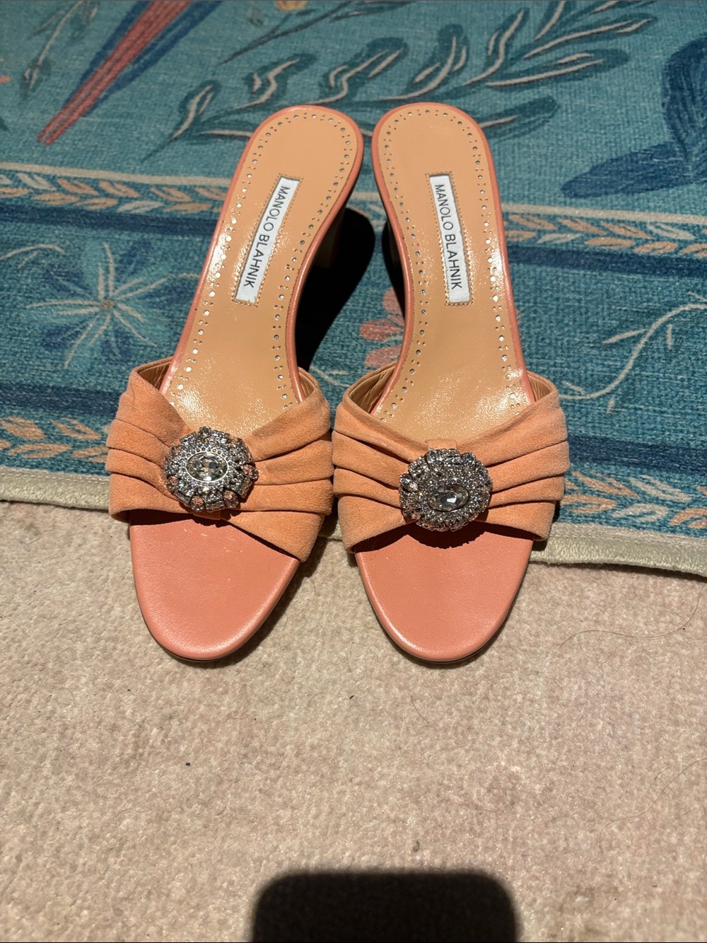 Manolo Blahnik Peach Coral Crystal-Embellished Slide Mules